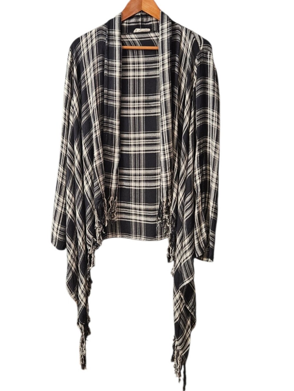 Altar'd State Plaid Open-Front Fringe Cardigan Black White Women's Medium